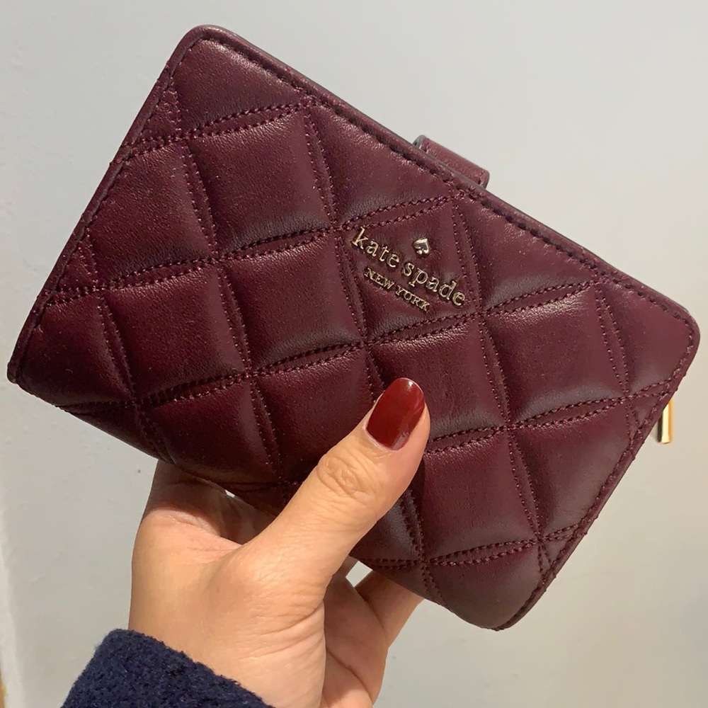 Burgundy dark purple red leather quilted Kate spade wallet